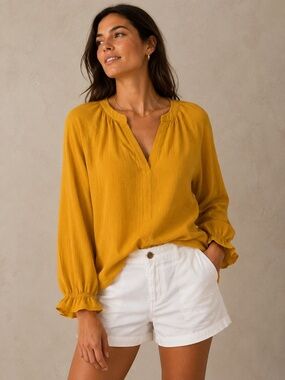 Como Blu Mustard Yellow Shimmery Blouse Women's Size Large 3/4 Sleeve Relaxed